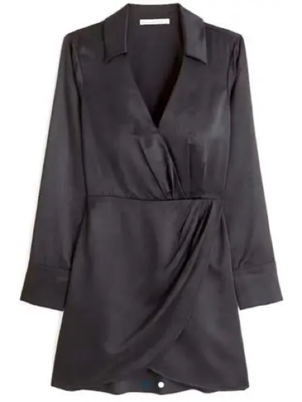 Abercrombie NWT Black Satin Wrap-Front Long-Sleeve Mini Dress with Collar Sm